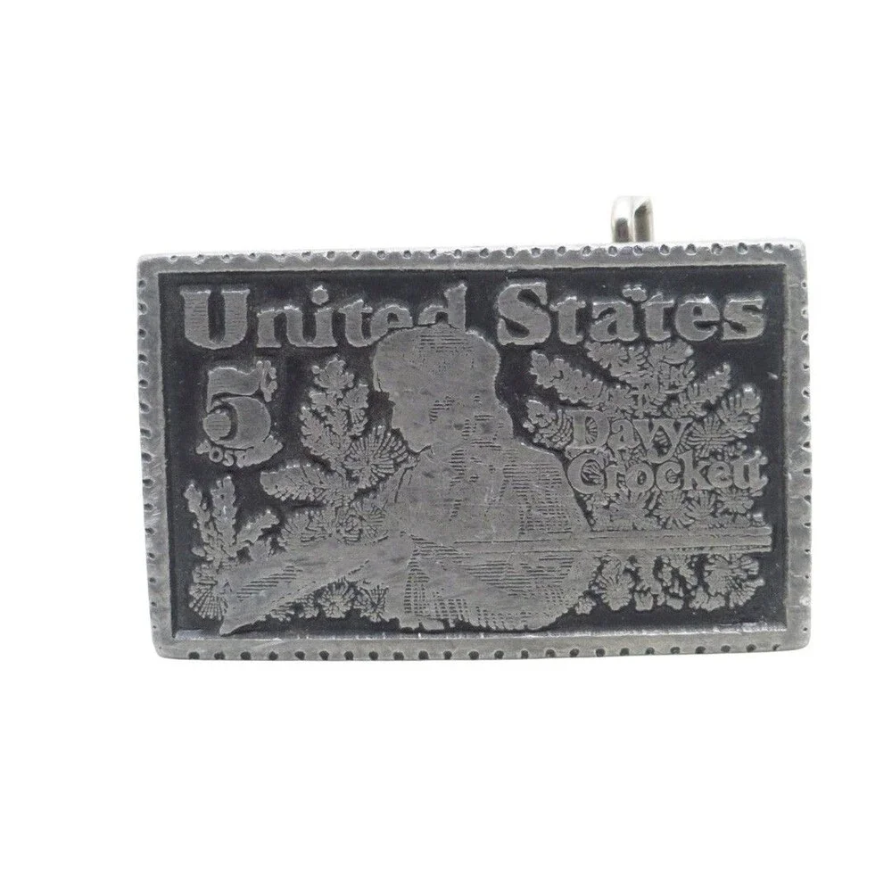 Vintage Solid Pewter Davy Crockett 5¢ Postage Stamp Belt Buckle USA